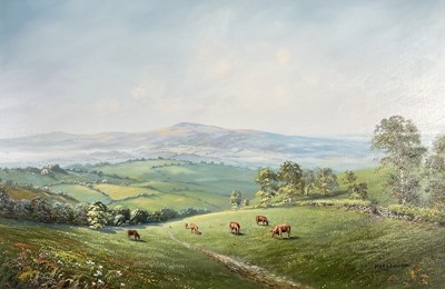 Lot 87 - George Horne (British, 20th century) oil on canvas in gilt frame depicting cattle on landscape 'Homeward Bound'