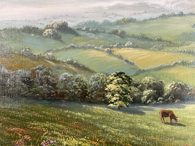 Lot 87 - George Horne (British, 20th century) oil on canvas in gilt frame depicting cattle on landscape 'Homeward Bound'