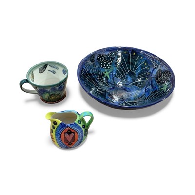 Lot 5013 - Pru Green Wivenhoe studio pottery bowl, cream jug and mug, each signed (3)