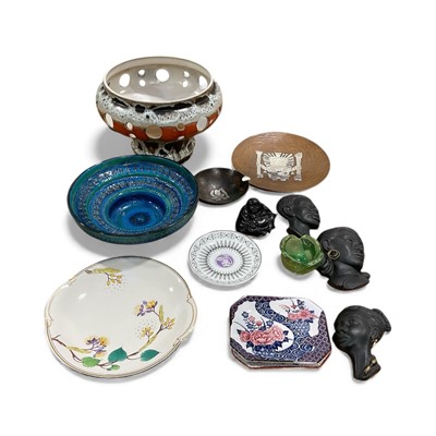 Lot 5020 - Group of decorative items, inclding a West German pottery shade, two Peruvian copper and white metal dishes (one signed G. Laffi), Susie Cooper dish, Edward Bowden for Wedgwood saucer, etc