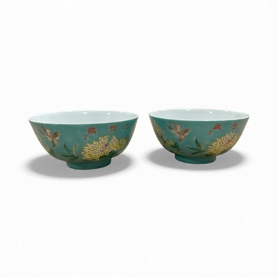 Lot 5023 - Pair of Chinese turquoise ground porcelain bowls, 20th century, decorated with birds, flowers and calligraphy, four-character marks, 11.75cm diameter