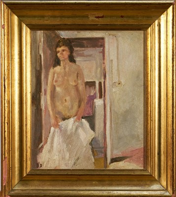 Lot 1019 - *Bernard Dunstan (1920-2017) oil on board - Standing Female Nude, signed with initials 'BD', 29cm x 24cm, frame signed and dated 1978 in pencil verso
