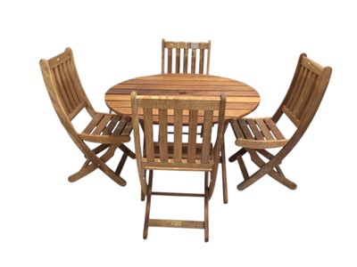 Lot 5309 - Four hardwood garden chairs and a hardwood circular table stamped P.J Bridgman & co.ltd