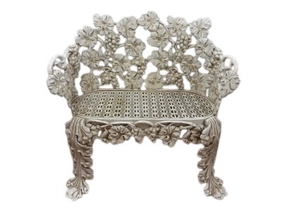 Lot 1292 - Victorian style white painted cast metal garden seat, in the grotto tradition, with bowed back removable pierced seat on cabriole legs, 78cm wide