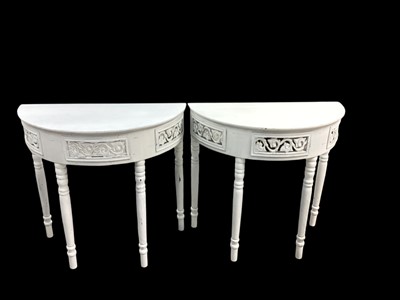 Lot 1359 - Pair of contemporary painted demi-lune side tables on turned legs