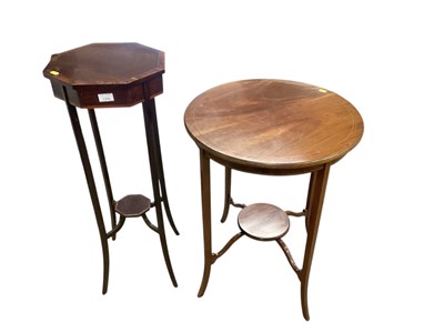 Lot 1350 - Edwardian inlaid mahogany two tier plant stand of octagonal form, together with an Edwardian inlaid mahogany two tier side table (2)