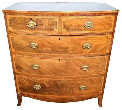 Lot 1301 - Regency mahogany and satinwood inlaid bowfront chest, with two short over three graduated drawers on splayed bracket feet, 105cm wide x 57cm deep x 116cm high