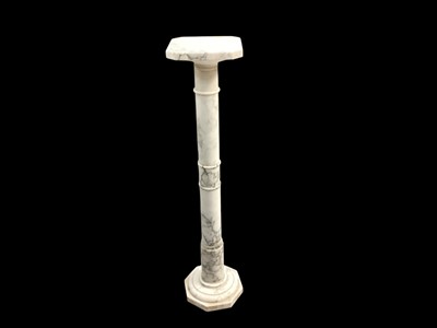 Lot 1360 - White marble plant stand, the square top with canted corners, tinted column and octagonal base