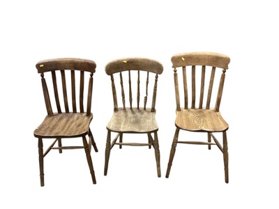 Lot 1404 - Group of nine antique beech kitchen chairs, mostly stick backs