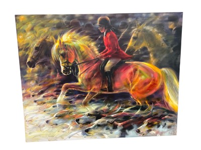 Lot 954 - Vineta Sayer (contemporary) acrylic on canvas - Hunting Scene, 'Why can't girls wear red', signed and dated 2016, 120cm x 160cm, unframed