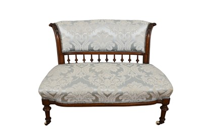 Lot 1298 - Late Victorian mahogany framed salon sofa upholstered in blue silk fabric