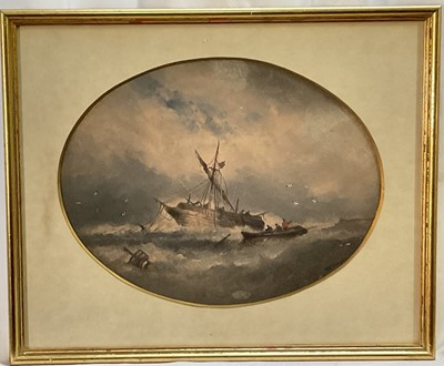 Lot 141 - William McAlpine, oil on board, oval, shipwreck off North Foreland, signed, dated 1880 verso, 25cm x 33cm, glazed frame