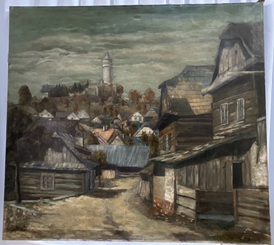 Lot 142 - J. Borsky oil on canvas, extensive village scene, signed, 84cm x 91cm, unframed