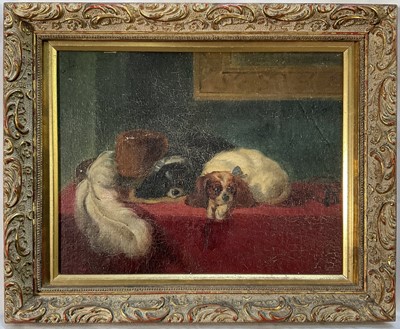 Lot 137 - After Sir Edwin Landseer, oil on canvas laid on board, Two King Charles Spaniels, 18cm x 23cm, gilt frame