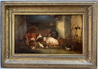 Lot 139 - 19th century Continental School, oil on panel, Cattle and chickens in a barn, 22cm x 37cm, signed below frame lower left, gilt frame
