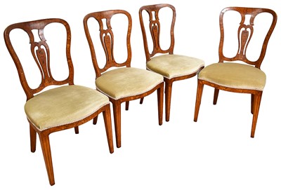 Lot 1252 - Set of four early 19th century Dutch floral marquetry chairs with inlaid lion mask, swag and floral decoration