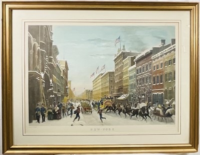 Lot 170 - Large engraving of New York and Edwardian era Broadway, P. Girardet after H. Sebron, copyright Sidney Z Lucas, 58cm x 85cm, glazed gilt frame