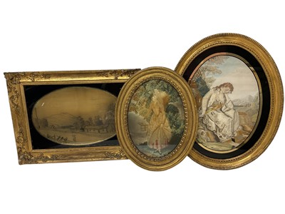 Lot 816 - Georgian silkwork oval panel depicting a maiden and her dog