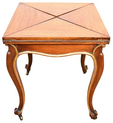 Lot 1254 - Victorian walnut envelope top card table on carved cabriole legs with gilt banding