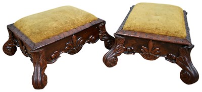 Lot 1255 - Pair of George IV carved rosewood stools on scroll supports