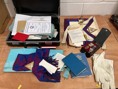 Lot 5071 - Briefcase of Masonic items (Old Finchleian's Lodge) including a silver jewel, aprons, etc