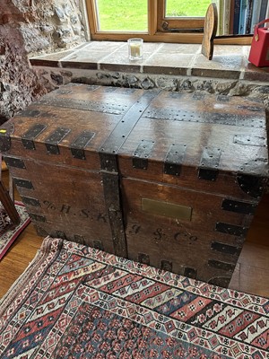 Lot 1408 - Good early Victorian oak iron bound silver chest, slightly domed lid, iron side handles and brass plaque named to 'Col. E. S. C. Willis. No.2', a paper label for Rundell, Bridge & Rundell to...