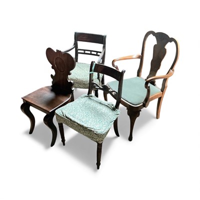 Lot 5357 - William IV mahogany hall chair, together with a Regency mahogany elbow chair, a William IV dining chair and a Queen Anne revival walnut elbow chair