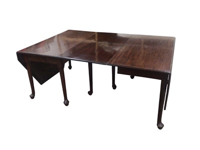 Lot 1417 - Georgian mahogany dining table, with canted drop leaf ends, raised on turned legs and pad feet, alterations, 123cm deep x 240cm long extending to 300cm