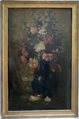 Lot 186 - 19th century oil on canvas still life of summer flowers, 90cm x 56cm, gilt frame