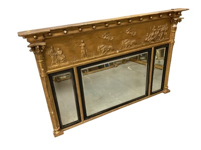 Lot 1413 - 19th century gilt overmantel mirror with triple mirrored panels, classical frieze flanked by columns