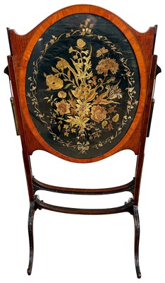 Lot 1418 - Regency mahogany and satinwood inlaid fire screen with adjustable silkwork panel