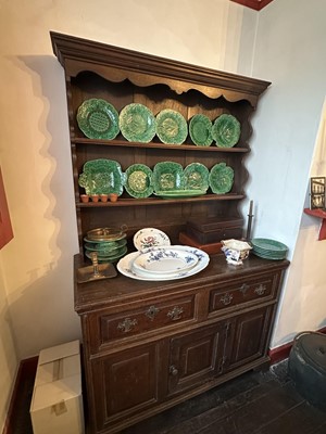Lot 1316 - 18th century and later oak high dresser, the later boarded rack on base with three fielded panel drawers and central cupboard below m 119cm wide x 53cm deep x 190cm high