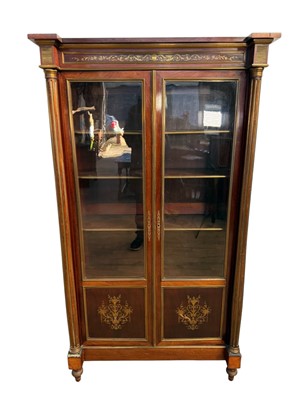 Lot 1416 - Mid 19th century French mahogany display cabinet with brass mounts and inlaid brass foliate panels