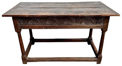Lot 1415 - 17th century and later oak serving table with carved frieze, on turned legs joined by stretchers