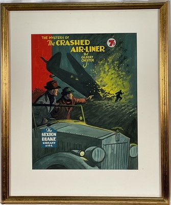 Lot 174 - Eric Parker (1898-1974) original cover artwork for Sexton Blake library, The Mystery of the Crashed Airliner by Gilbert Chester, circa 1947, 39cm x 30cm, glazed frame