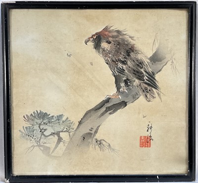 Lot 182 - Japanese woodblock, Eagle on a branch, 22cm x 24cm, glazed frame