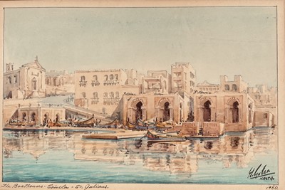 Lot 183 - Edwin Galea (Maltese, b. 1934) watercolour, The Boathouses, Spinoza, St. Julian's, 17cm x 26cm, signed, dated to mount 1980, glazed frame