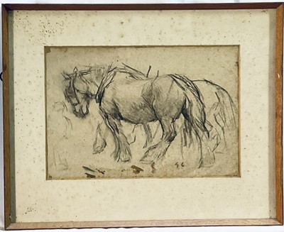 Lot 189 - Manner of George Clausen (1852-1944) pencil, cart horses, signed with initials, 20 x 30cm, glazed frame