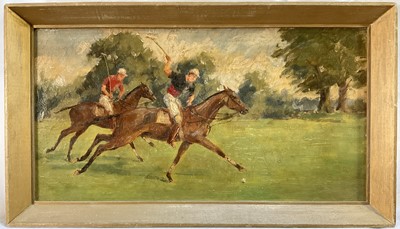 Lot 190 - English School, early 20th century, oil on board, Polo players, 20 x 38cm, framed