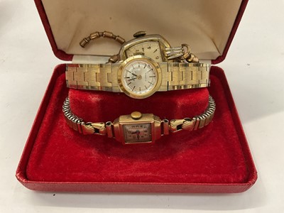 Lot 1009 - 9ct gold cased ladies wristwatch on expandable plated bracelet and two other gold plated watches (3)