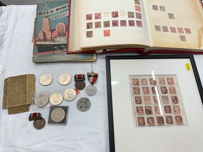 Lot 122 - Framed display of penny red stamps, album of stamps and FDC belonging to the artist Jonathan Trowell, another album and mixed commemorative coins and medals