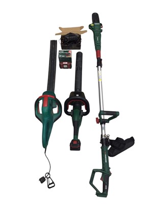Lot 5107 - Two electric hedge trimmers together with a park side extended chainsaw and extra battery's