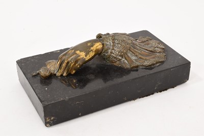 Lot 705 - Victorian desk paper clip, with hinged female hand, raised on marble plinth, 15cm long