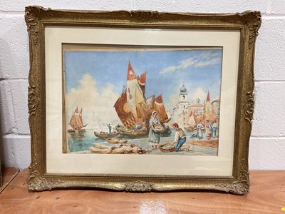 Lot 5295 - Trevor Haddon watercolour of a continental harbour, and a continental oil of figures on a terrace (2)