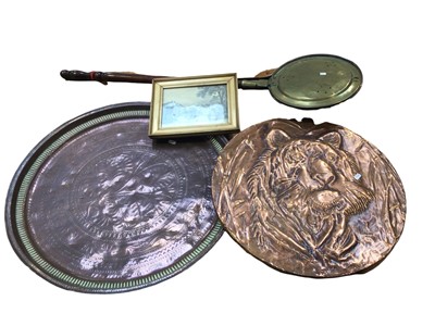 Lot 5062 - Group of metalware including large copper dish, a brass relief plaque of a lion, a warming pan, together with a print of Whitham
