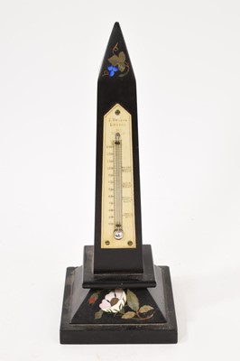 Lot 712 - 19th century black marble and pietra dura desk thermometer of obelisk form