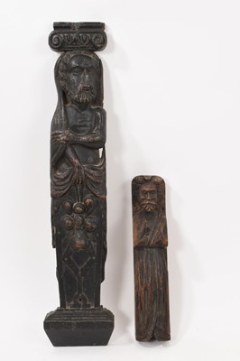 Lot 713 - Early 17th century carved oak figural term panel, 55cm high, together with another later. (2)
