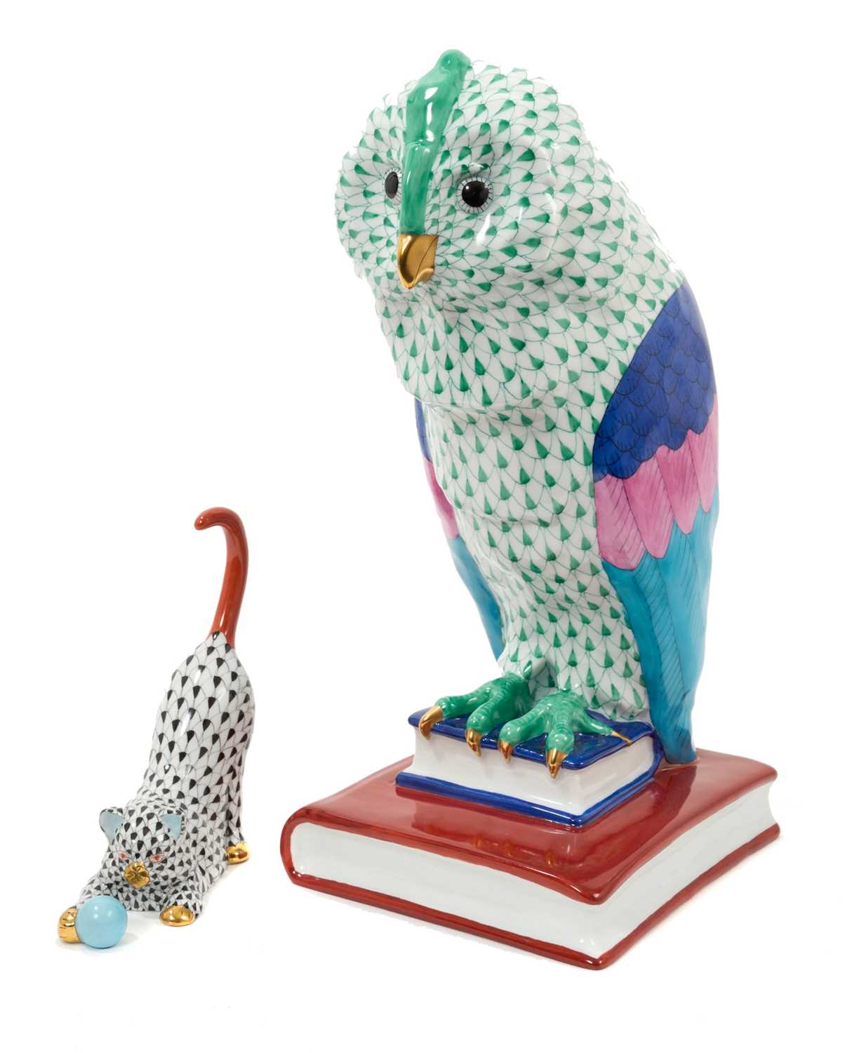 Lot 2 - Large Herend owl, modelled standing on books, 30cm high, together with a Herend cat and ball