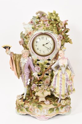 Lot 6 - Impressive Dresden porcelain mantel clock with 18th century costumed figures and foliage.