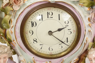 Lot 6 - Impressive Dresden porcelain mantel clock with 18th century costumed figures and foliage.